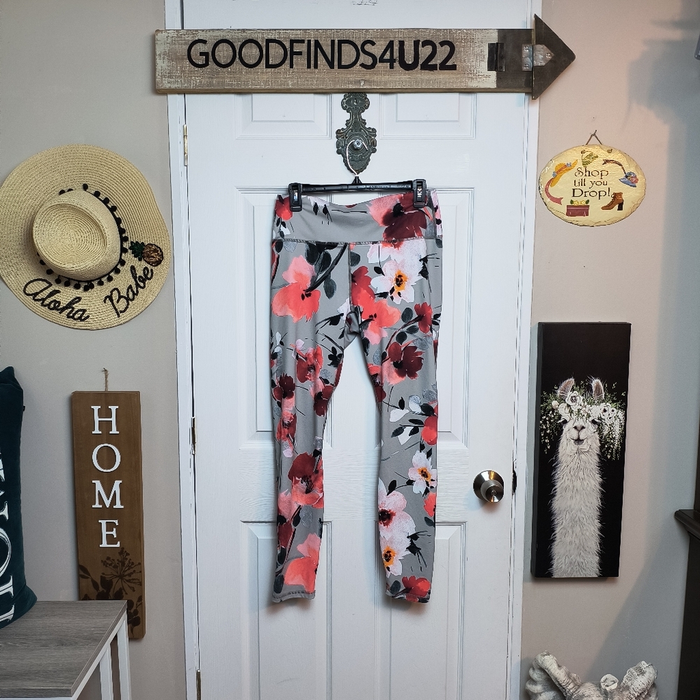 Guru Active Large Floral Polyester Spandex Blend Athletic Ankle Leggings